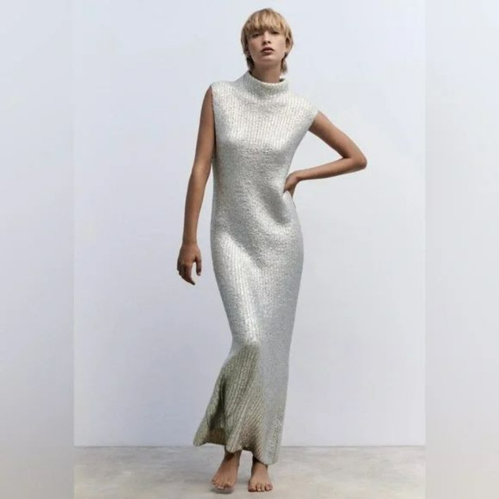 ZARA CRACKLED METALLIC KNIT DRESS